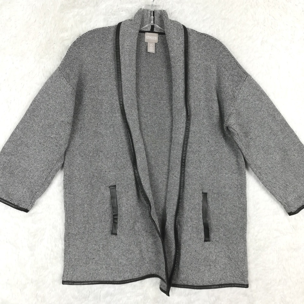 Chico's Womens‎ Sweater Cardigan Open Front Black White Knit Faux Leather Trim S